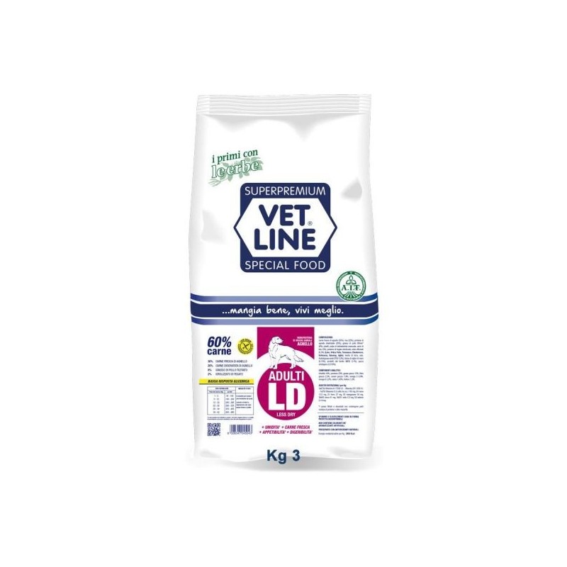 Vet Line Cane, LD Less Dry Crocchette - Adulti Ld Agnello 3 Kg